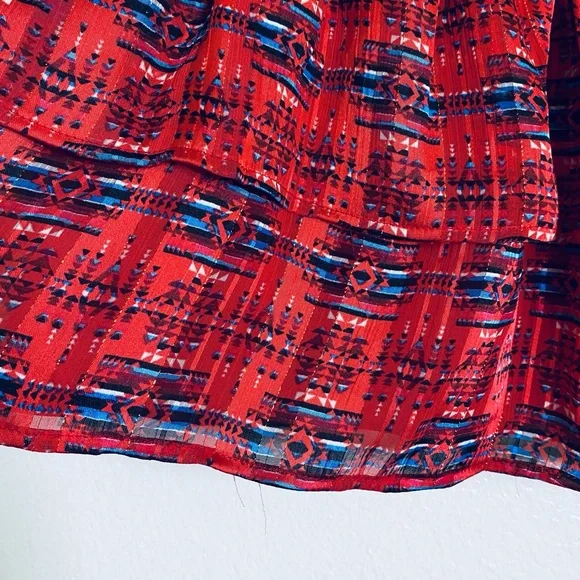 Aqua Red Patterned Smocked A-Line Mini Skirt with Blue Accents - Picture 3 of 10